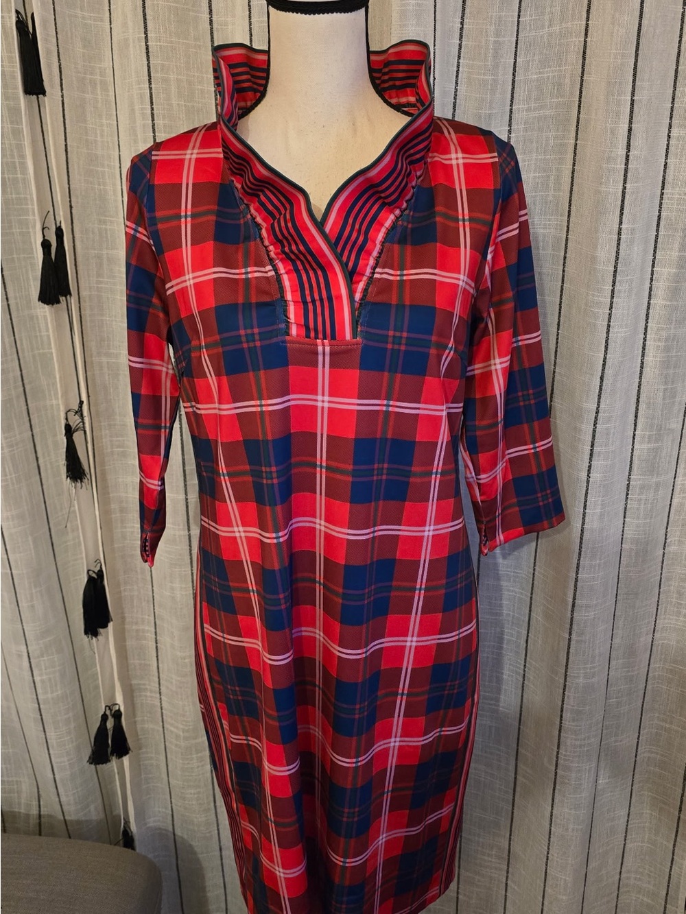 Gretchen Scott Designs Red and Navy Plaid Ruffle-Trim Midi Dress